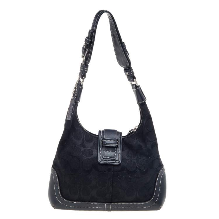 Pre Owned Coach Black Signature Canvas And Leather Buckle Hobo 