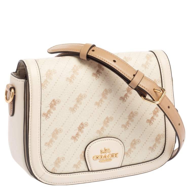 Pre Owned Coach Cream Carriage Print Coated Canvas and Leather Saddle Shoulder Bag