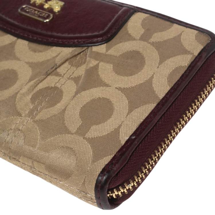 Pre Owned Coach Burgundy/Brown Op Art Fabric and Leather Madison Continental Wallet