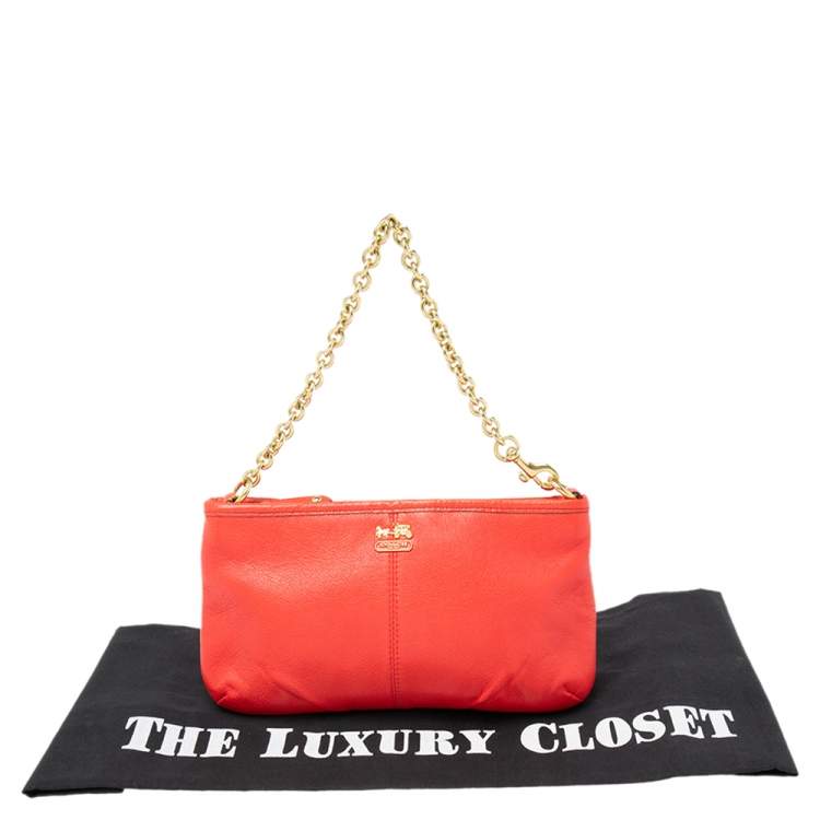 Pre Owned Coach Coral Orange Leather Mini Chain Pochette 