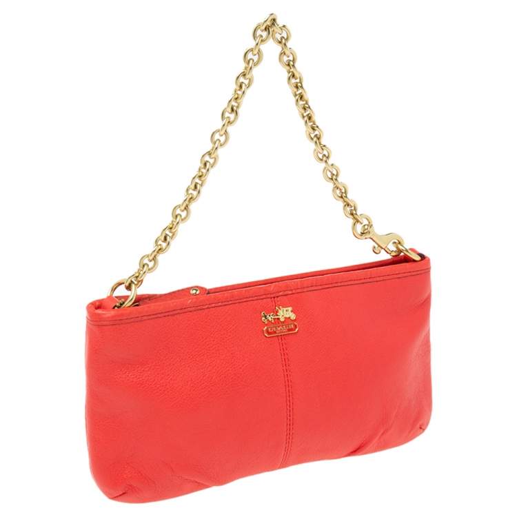Pre Owned Coach Coral Orange Leather Mini Chain Pochette 