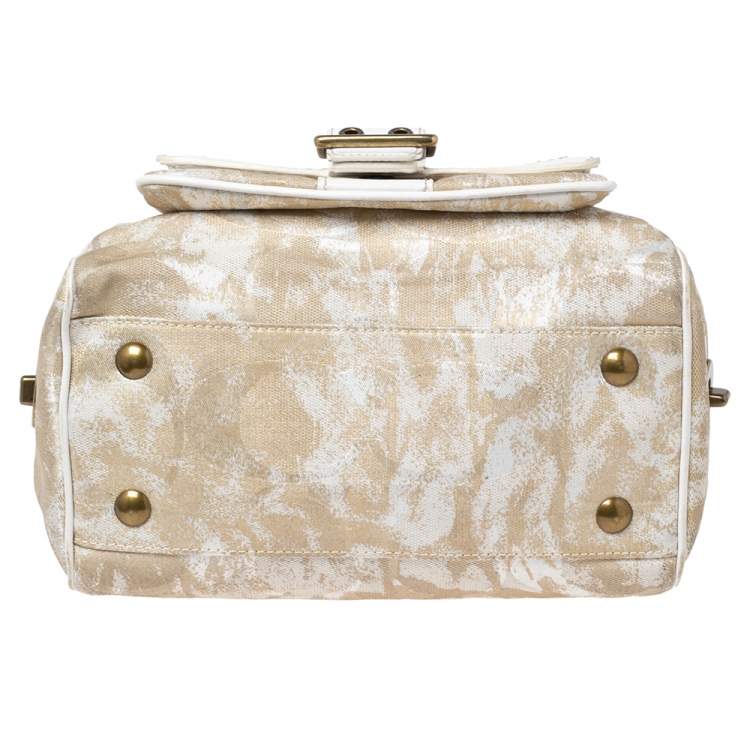 Pre Owned Coach Beige/White Signature Canvas and Leather Buckle Satchel