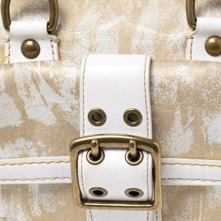 Pre Owned Coach Beige/White Signature Canvas and Leather Buckle Satchel