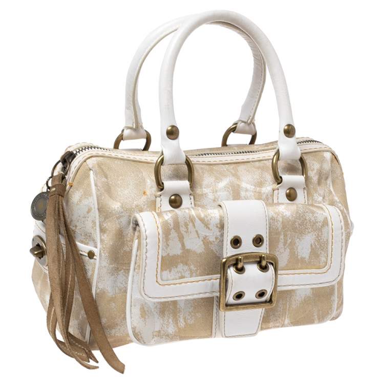 Pre Owned Coach Beige/White Signature Canvas and Leather Buckle Satchel