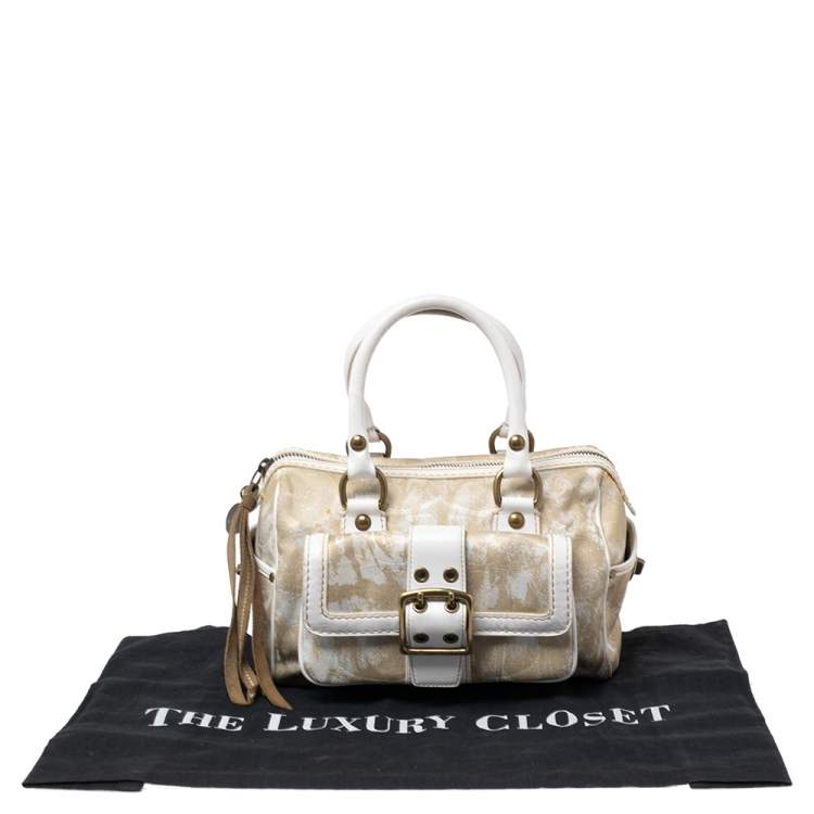 Pre Owned Coach Beige/White Signature Canvas and Leather Buckle Satchel