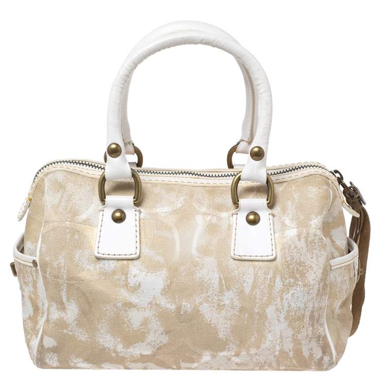 Pre Owned Coach Beige/White Signature Canvas and Leather Buckle Satchel