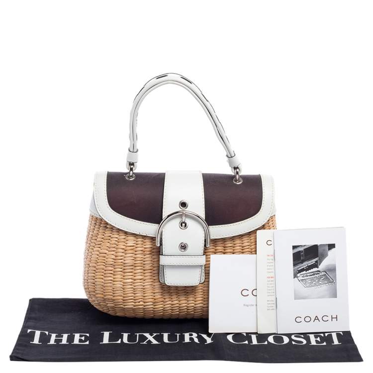 Pre Owned Coach White/Beige Raffia and Leather Buckle Flap Top Handle Bag