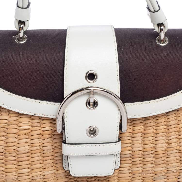 Pre Owned Coach White/Beige Raffia and Leather Buckle Flap Top Handle Bag