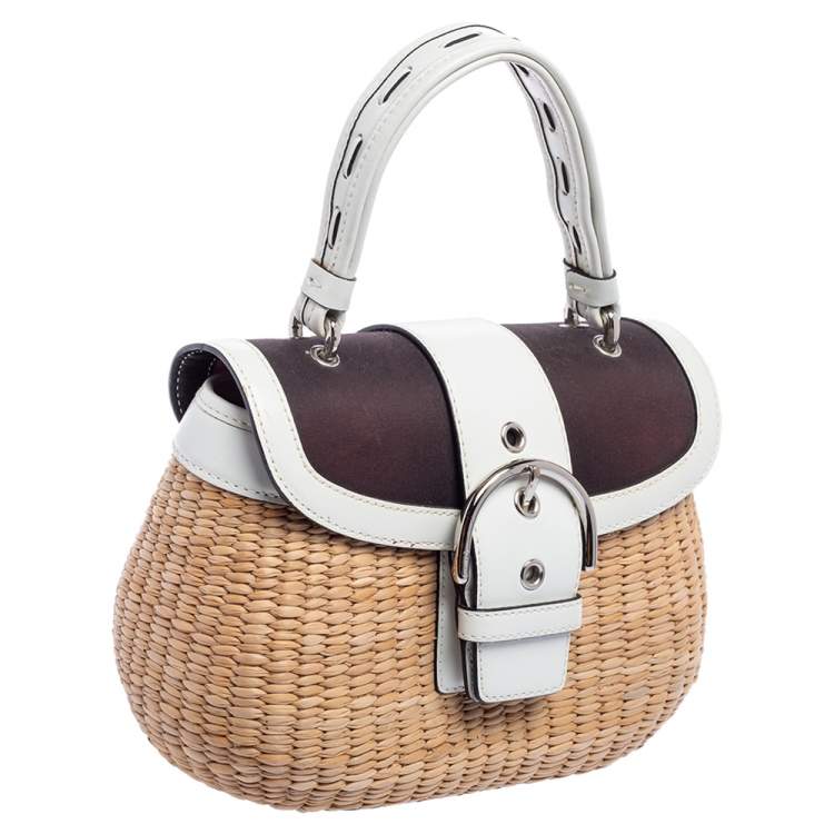 Pre Owned Coach White/Beige Raffia and Leather Buckle Flap Top Handle Bag