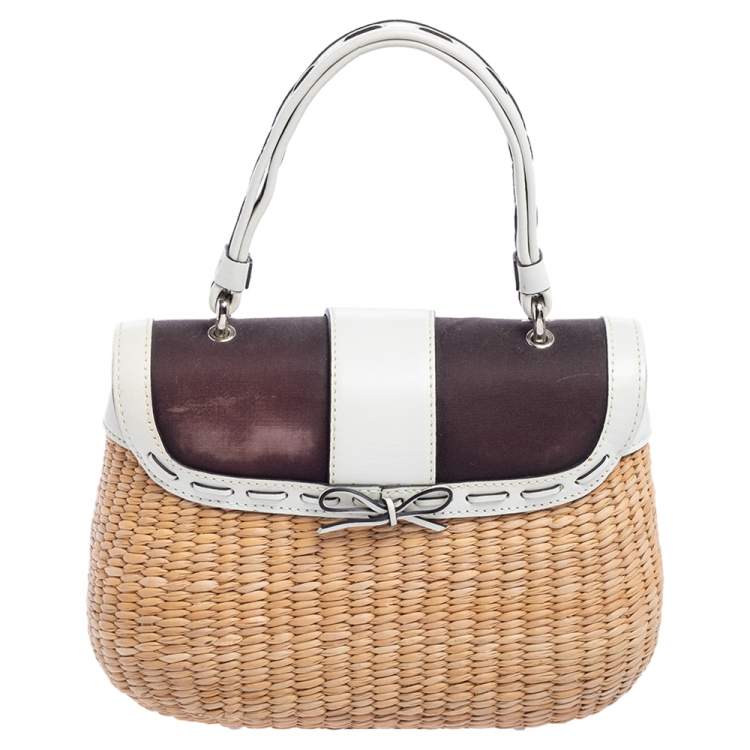Pre Owned Coach White/Beige Raffia and Leather Buckle Flap Top Handle Bag