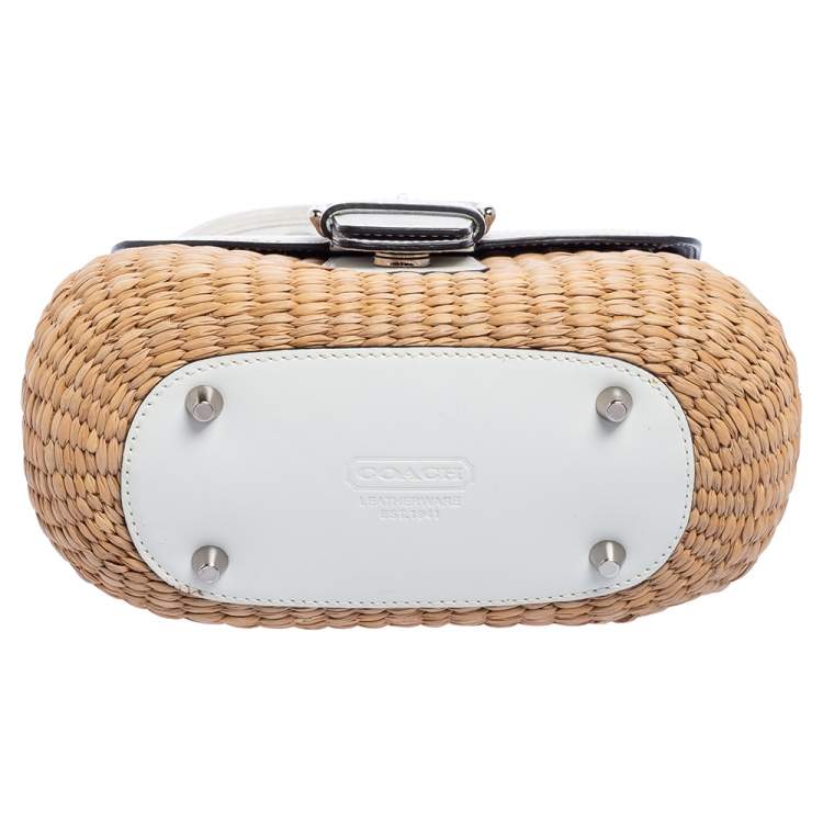Pre Owned Coach White/Beige Raffia and Leather Buckle Flap Top Handle Bag