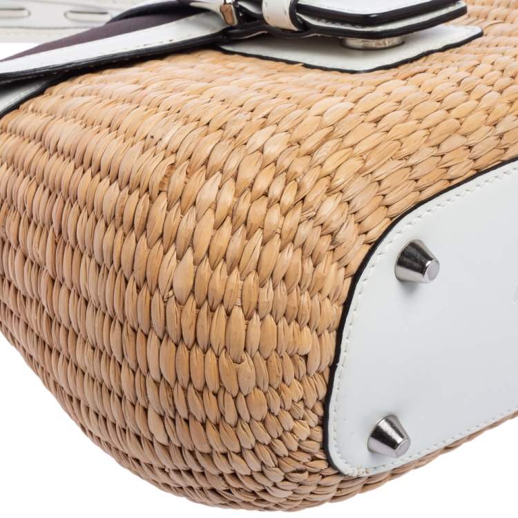 Pre Owned Coach White/Beige Raffia and Leather Buckle Flap Top Handle Bag