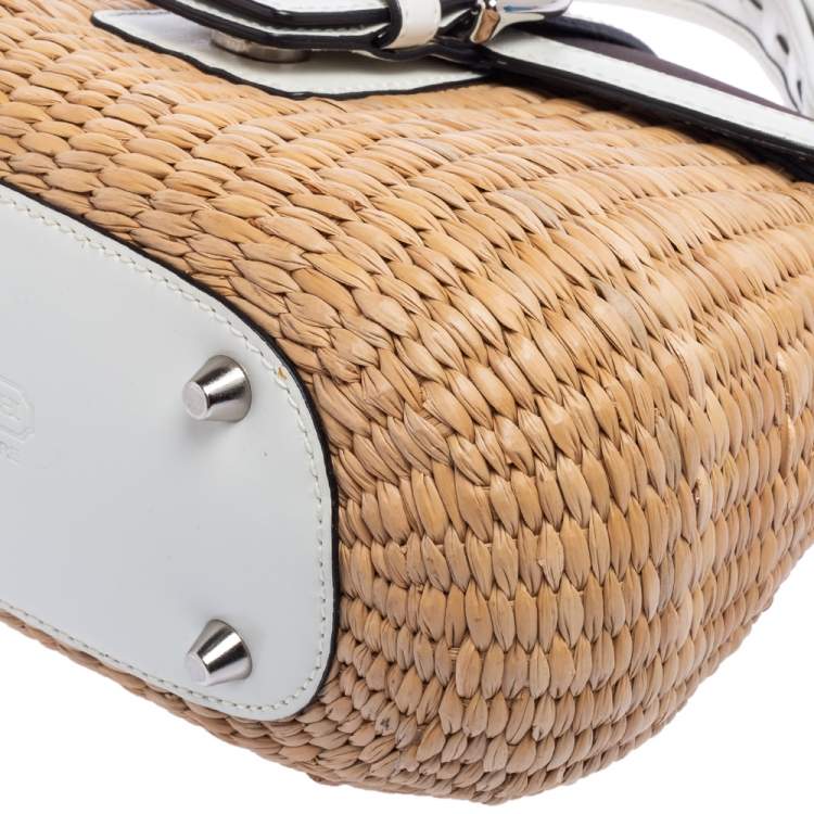 Pre Owned Coach White/Beige Raffia and Leather Buckle Flap Top Handle Bag