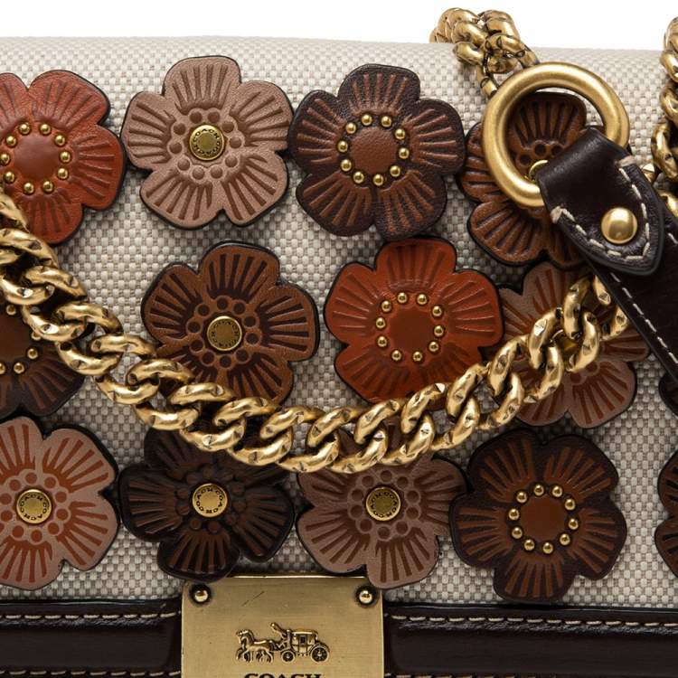 Pre Owned Coach Multicolor Leather And Canvas Hutton Flower Applique Shoulder Bag