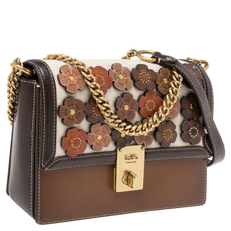 Pre Owned Coach Multicolor Leather And Canvas Hutton Flower Applique Shoulder Bag