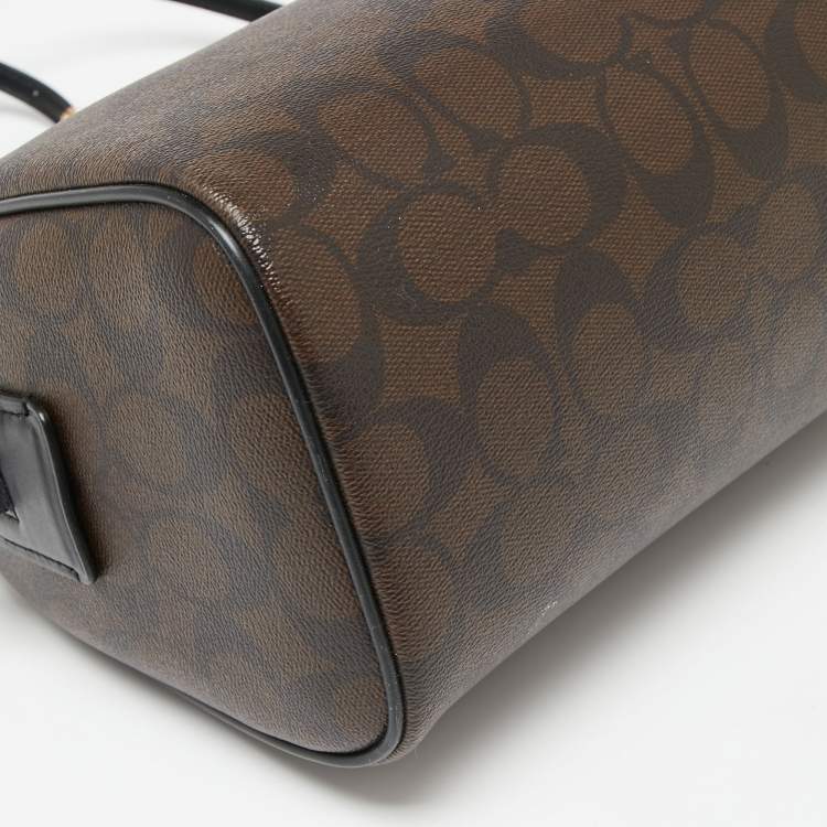 Pre Owned Coach Black/Brown Signature Coated Canvas And Leather Boston Bag