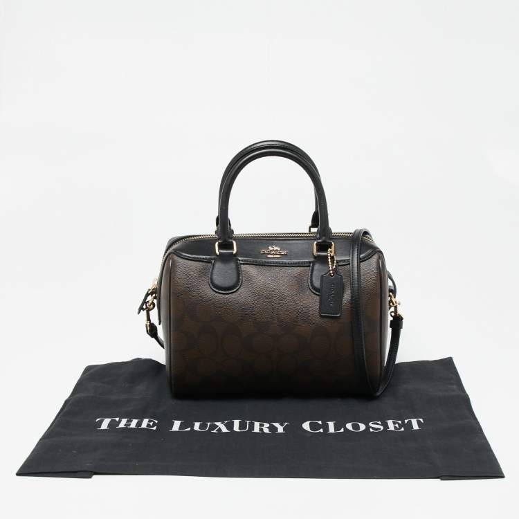 Pre Owned Coach Black/Brown Signature Coated Canvas And Leather Boston Bag