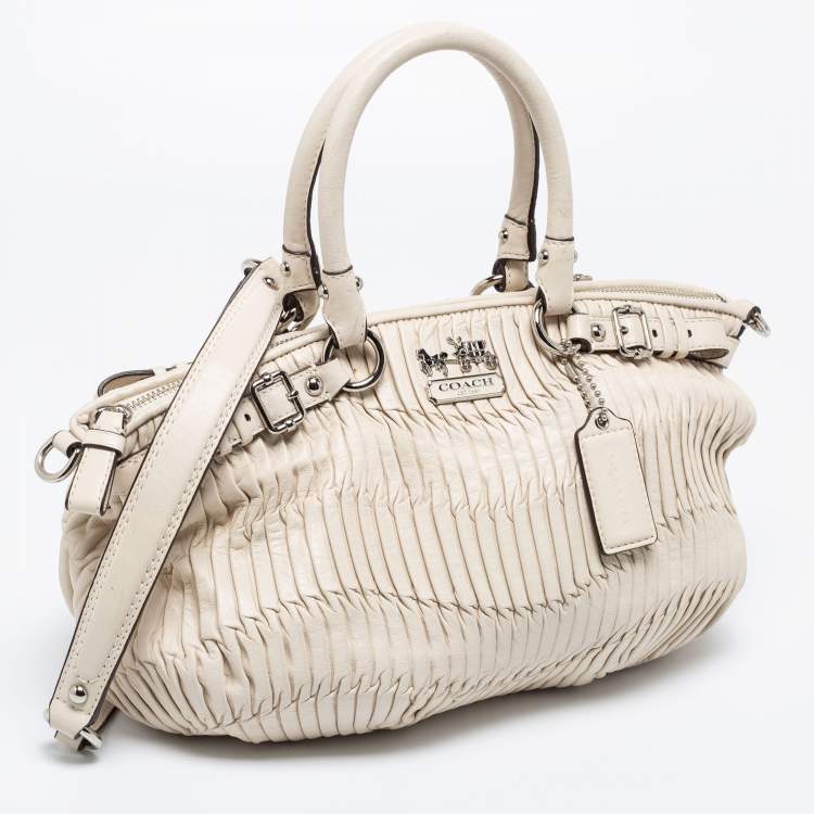 Pre Owned Coach Off White Pleated Leather Sophia Madison Satchel