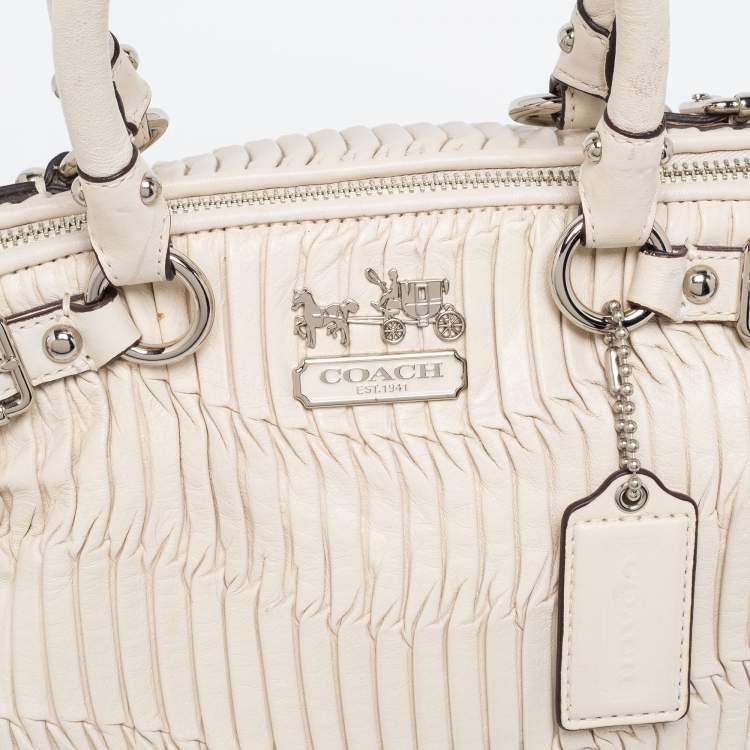 Pre Owned Coach Off White Pleated Leather Sophia Madison Satchel