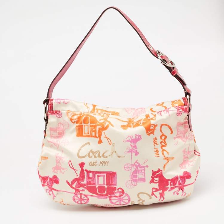 Pre Owned Coach Pink/Cream Carriage Print Fabric and Patent Leather Flap Hobo
