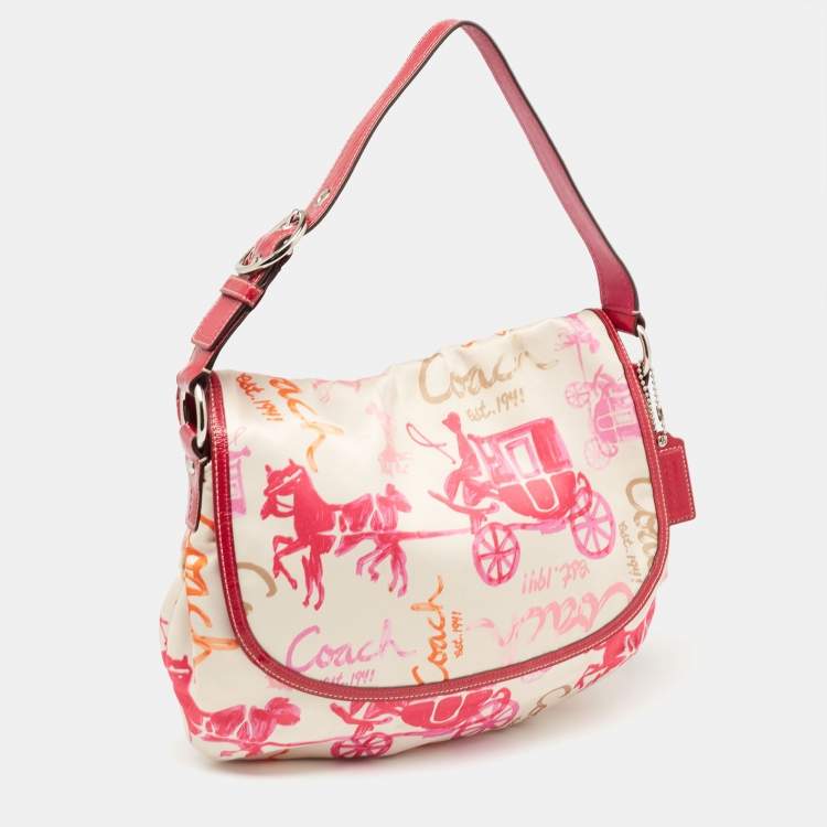 Pre Owned Coach Pink/Cream Carriage Print Fabric and Patent Leather Flap Hobo