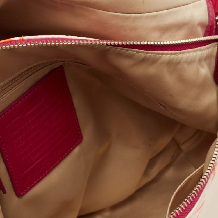 Pre Owned Coach Pink/Cream Carriage Print Fabric and Patent Leather Flap Hobo