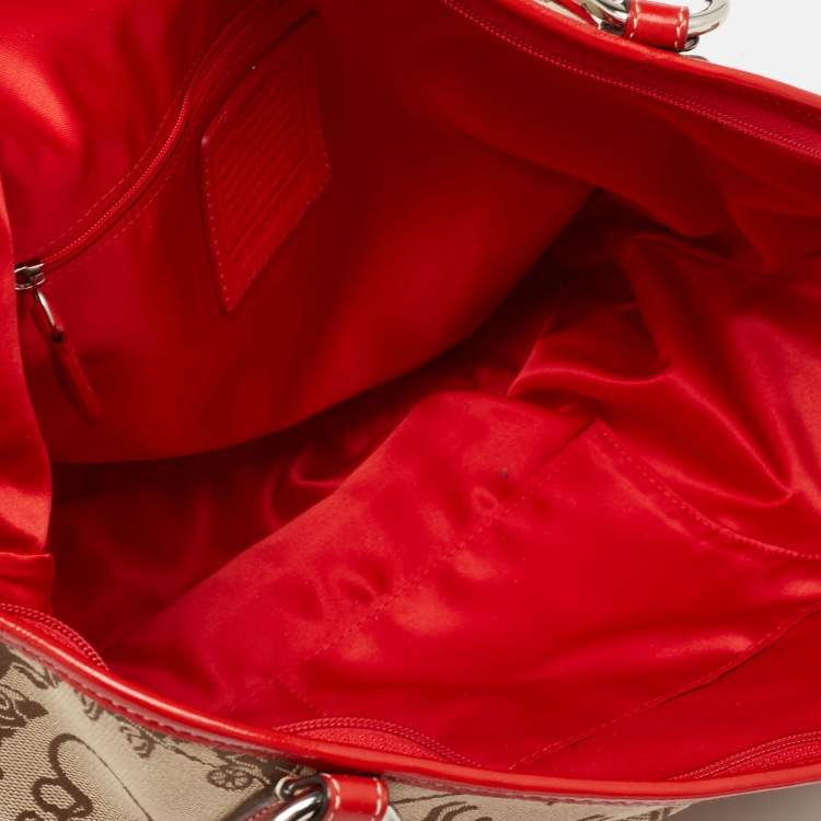 Pre Owned Coach Red/Beige Horse Carriage Print Canvas and Leather Shoulder Bag