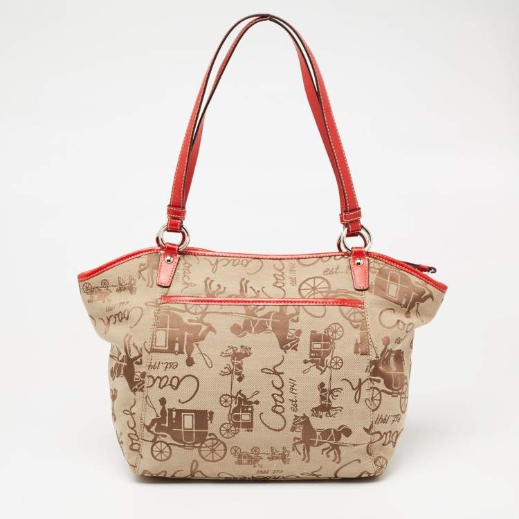 Pre Owned Coach Red/Beige Horse Carriage Print Canvas and Leather Shoulder Bag
