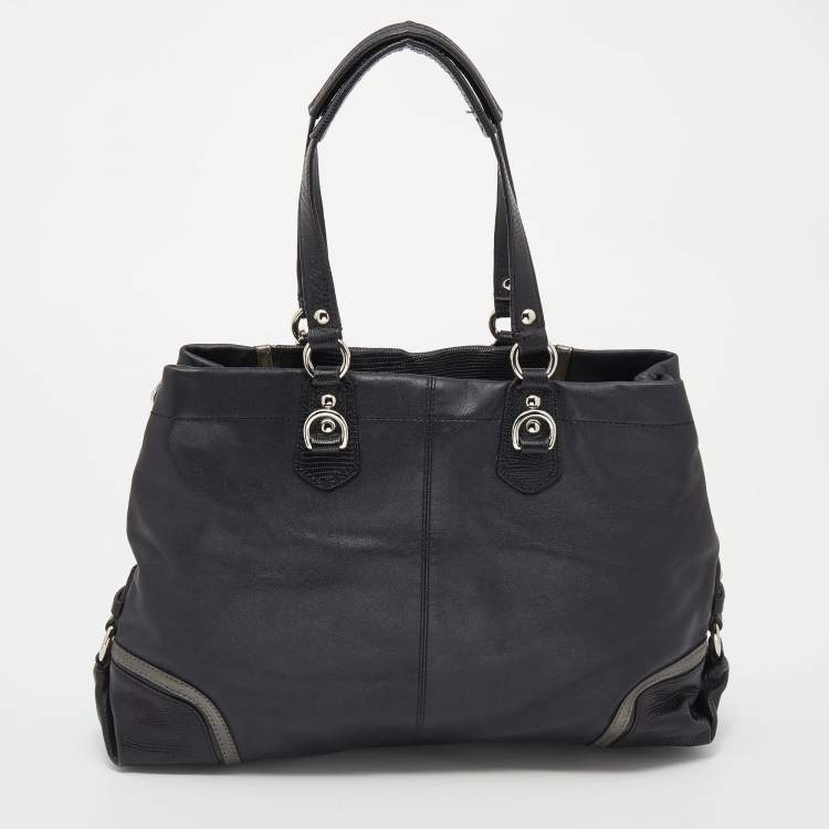 Pre Owned Coach Black Leather and Lizard Embossed Leather Ashley Tote