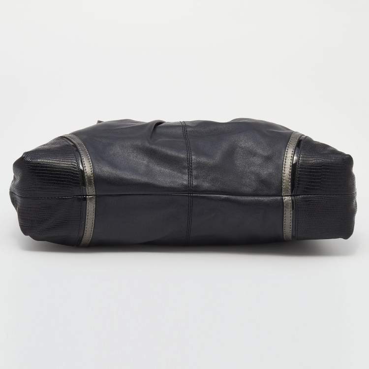 Pre Owned Coach Black Leather and Lizard Embossed Leather Ashley Tote