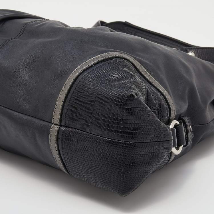 Pre Owned Coach Black Leather and Lizard Embossed Leather Ashley Tote