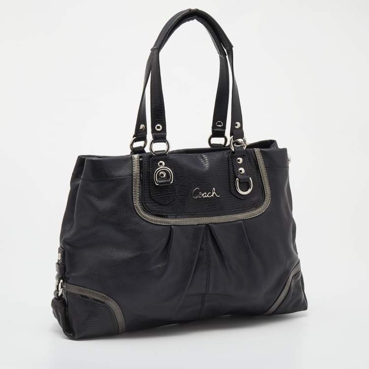 Pre Owned Coach Black Leather and Lizard Embossed Leather Ashley Tote