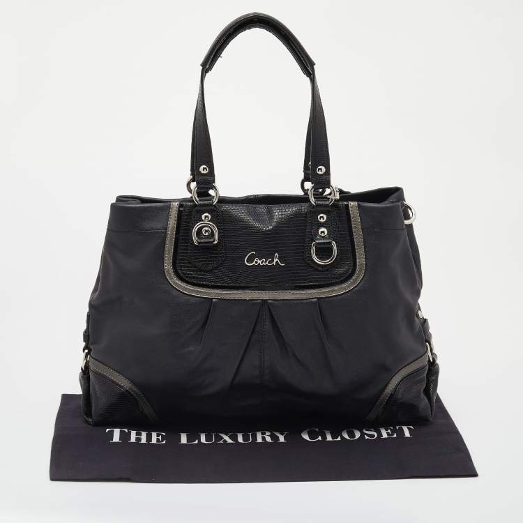 Pre Owned Coach Black Leather and Lizard Embossed Leather Ashley Tote