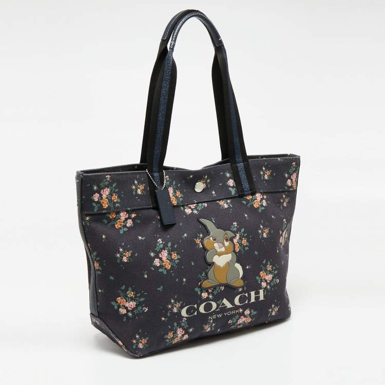 Pre Owned Coach x Disney Navy Blue Rose Bouquet Print and Thumper Canvas Tote