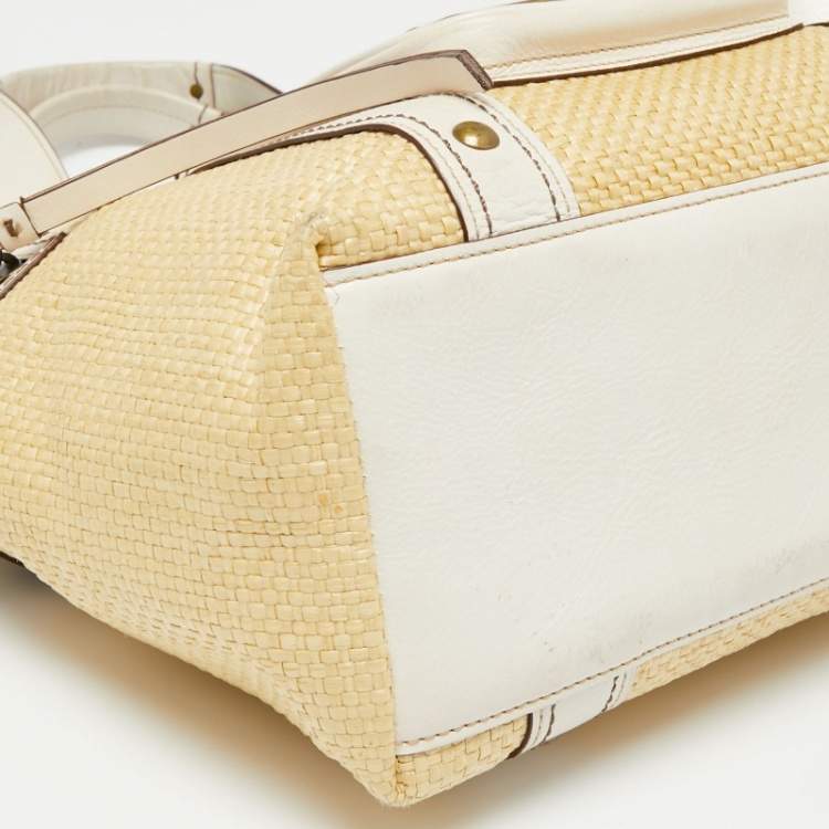 Pre Owned Coach White/Cream Woven Straw and Leather Legacy Buckle Tote