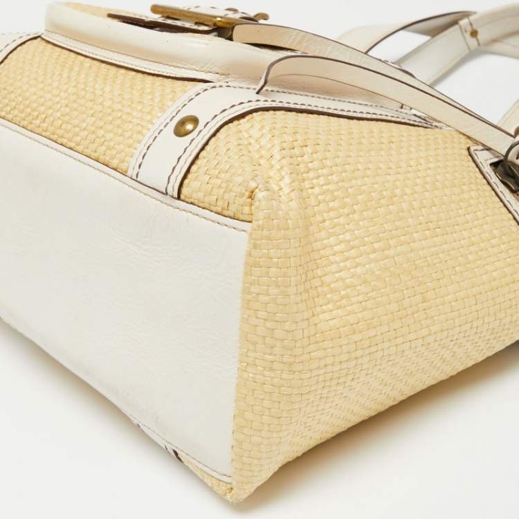 Pre Owned Coach White/Cream Woven Straw and Leather Legacy Buckle Tote