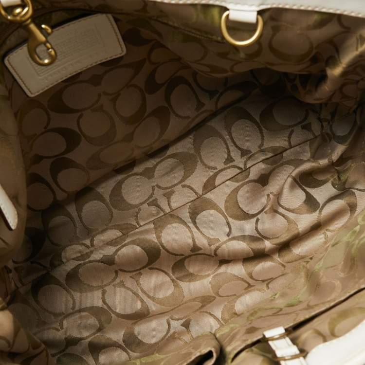 Pre Owned Coach White/Cream Woven Straw and Leather Legacy Buckle Tote