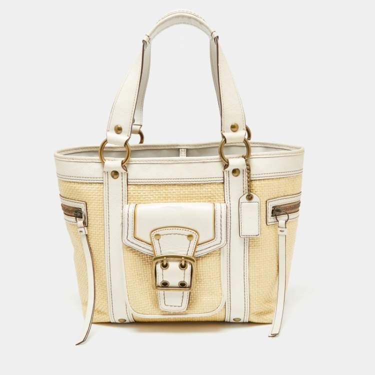 Pre Owned Coach White/Cream Woven Straw and Leather Legacy Buckle Tote
