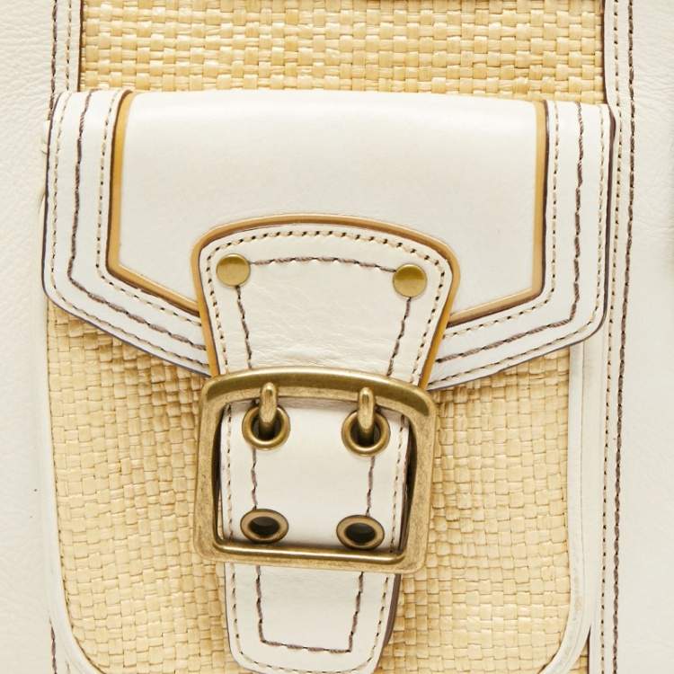 Pre Owned Coach White/Cream Woven Straw and Leather Legacy Buckle Tote
