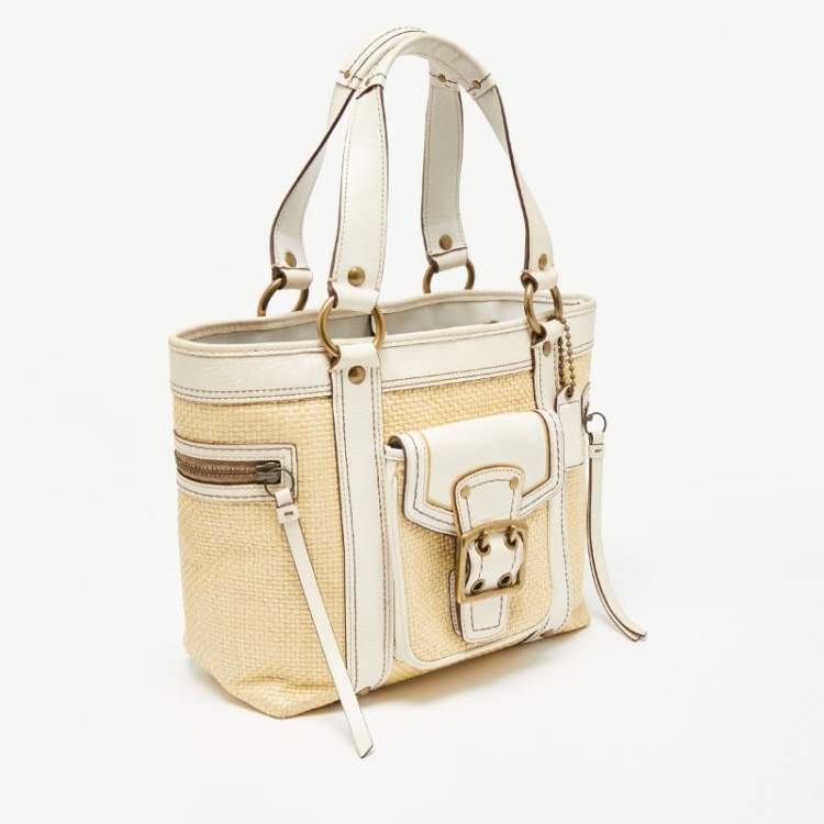 Pre Owned Coach White/Cream Woven Straw and Leather Legacy Buckle Tote