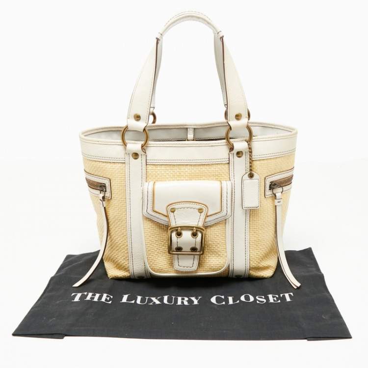 Pre Owned Coach White/Cream Woven Straw and Leather Legacy Buckle Tote