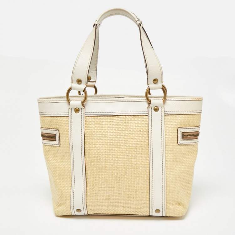 Pre Owned Coach White/Cream Woven Straw and Leather Legacy Buckle Tote