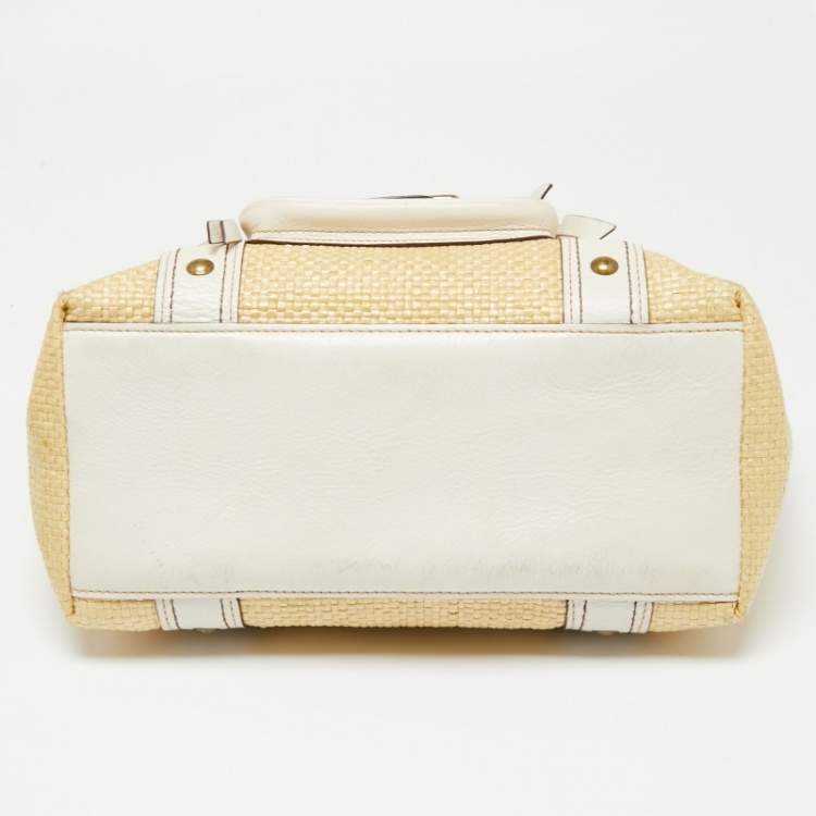 Pre Owned Coach White/Cream Woven Straw and Leather Legacy Buckle Tote