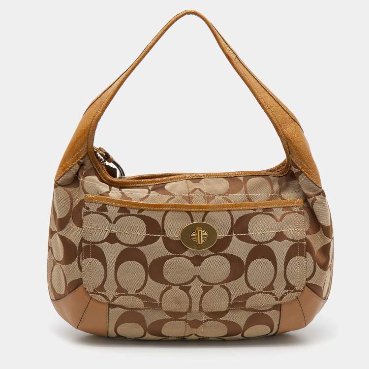 Pre Owned Coach Beige/Brown Signature Canvas And Leather Hobo