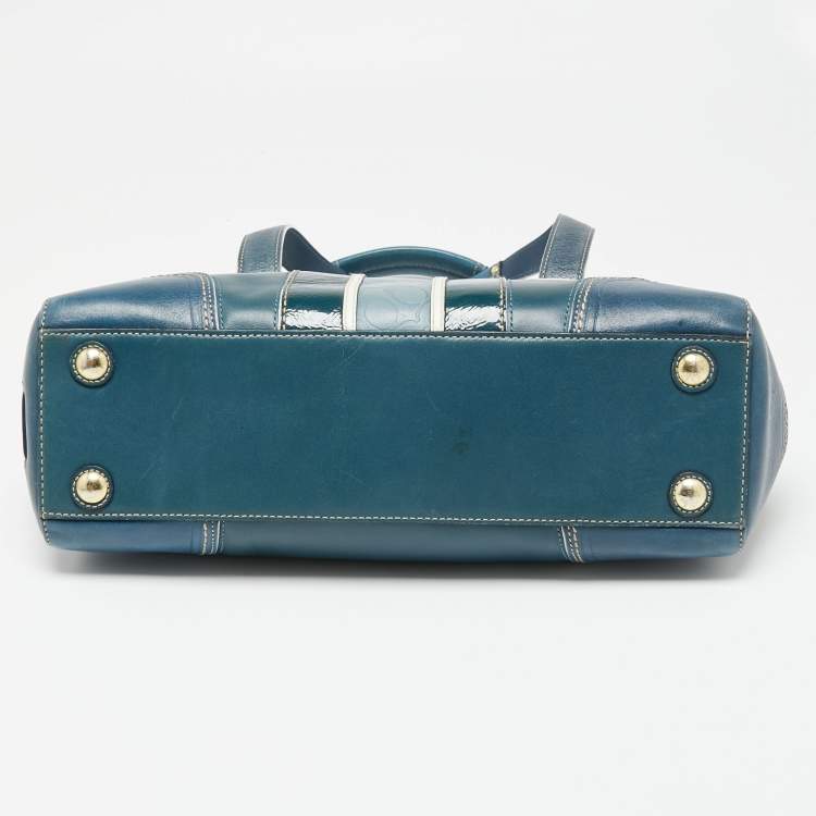 مملوكة مسبقًا Coach Teal Signature Patent and Leather Hampton Tote