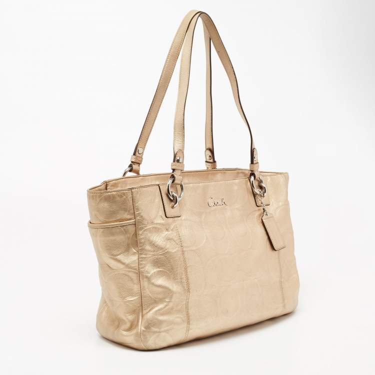Pre Owned Coach Gold Signature Embossed Leather East West Gallery Tote