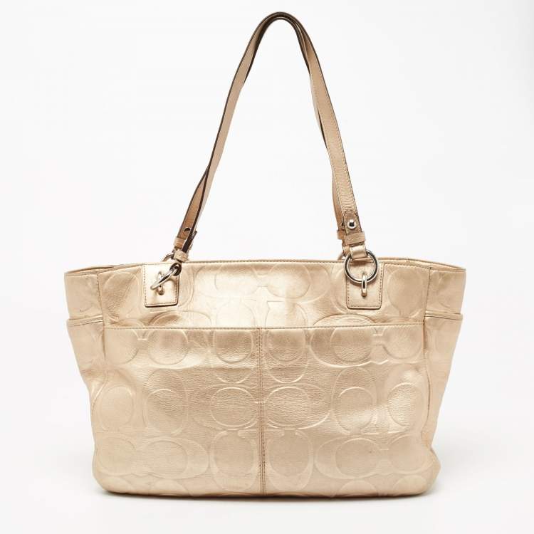 Pre Owned Coach Gold Signature Embossed Leather East West Gallery Tote