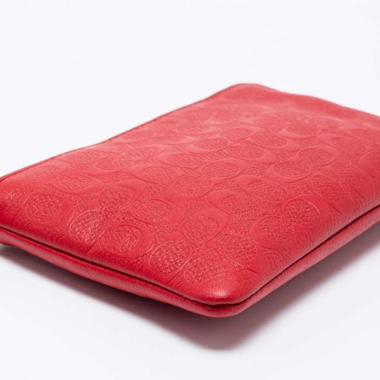 Pre Owned Coach Red Signature Embossed Leather Wristlet Clutch