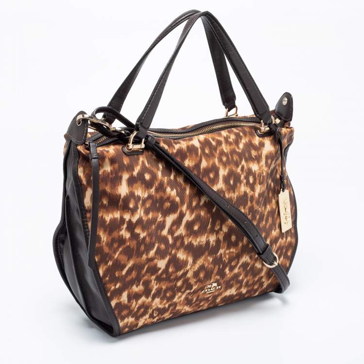 Pre Owned Coach Dark Brown/Beige Leopard Print Canvas and Leather Shoulder Bag
