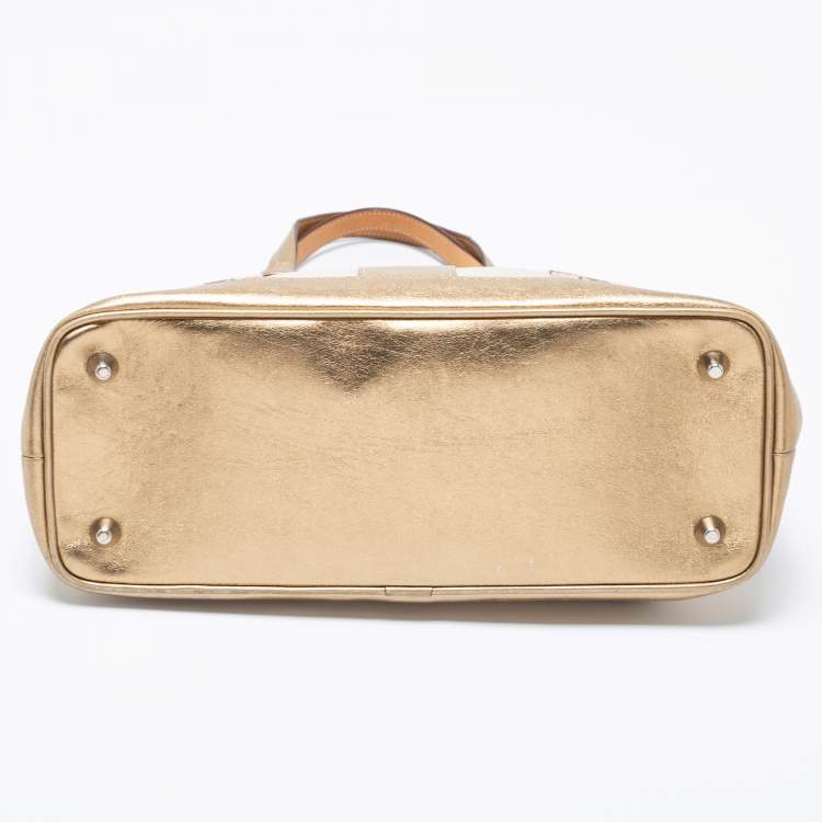 Pre Owned Coach Metallic Gold/Silver Signature Canvas And Leather Tote